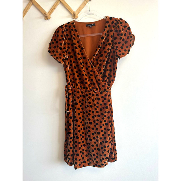 Madewell Velvet Wrap Dress in Leopard Dot Black Brown Size XS - Picture 9 of 9
